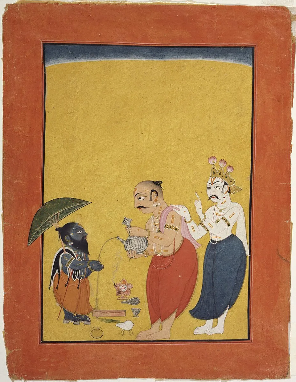 Painting of the dwarf Vamana asking King Bali for three steps of land, while Shukra raises a finger in warning