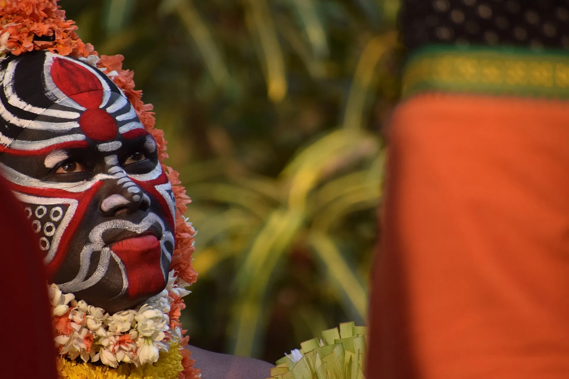 Close-up of a kola performer's face painted in bold black, white and red stripes, framed by orange and white flowers