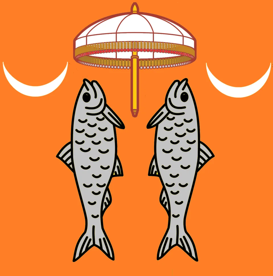 The Alupa royal emblem: two fish, twin crescent moons and a royal umbrella, on an orange ground