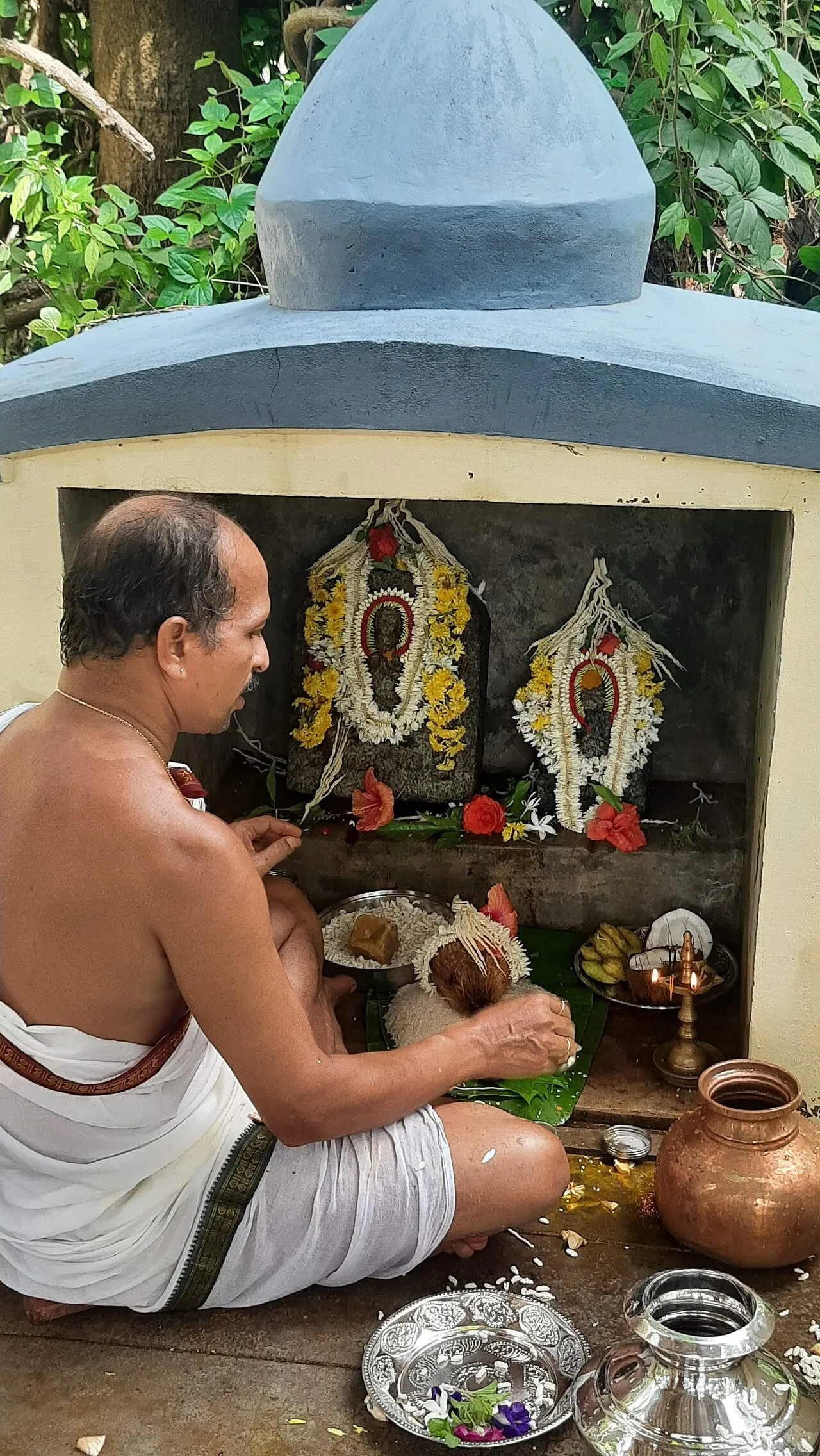 A priest seated before two garlanded serpent stones in a small shrine among trees, with offerings of rice, coconut, bananas and a lamp
