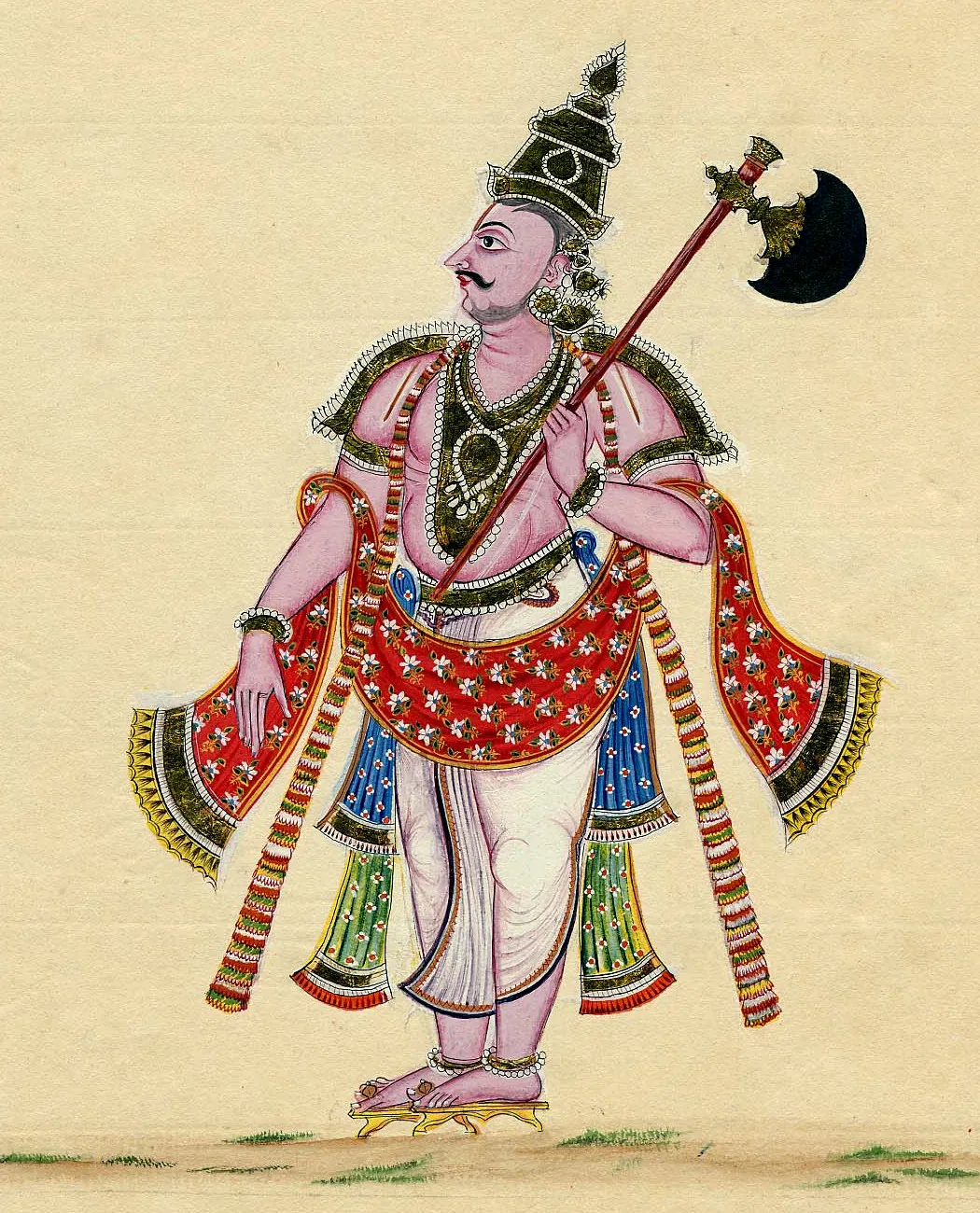 A painting of Parashurama, crowned and richly dressed, carrying a large axe over his shoulder