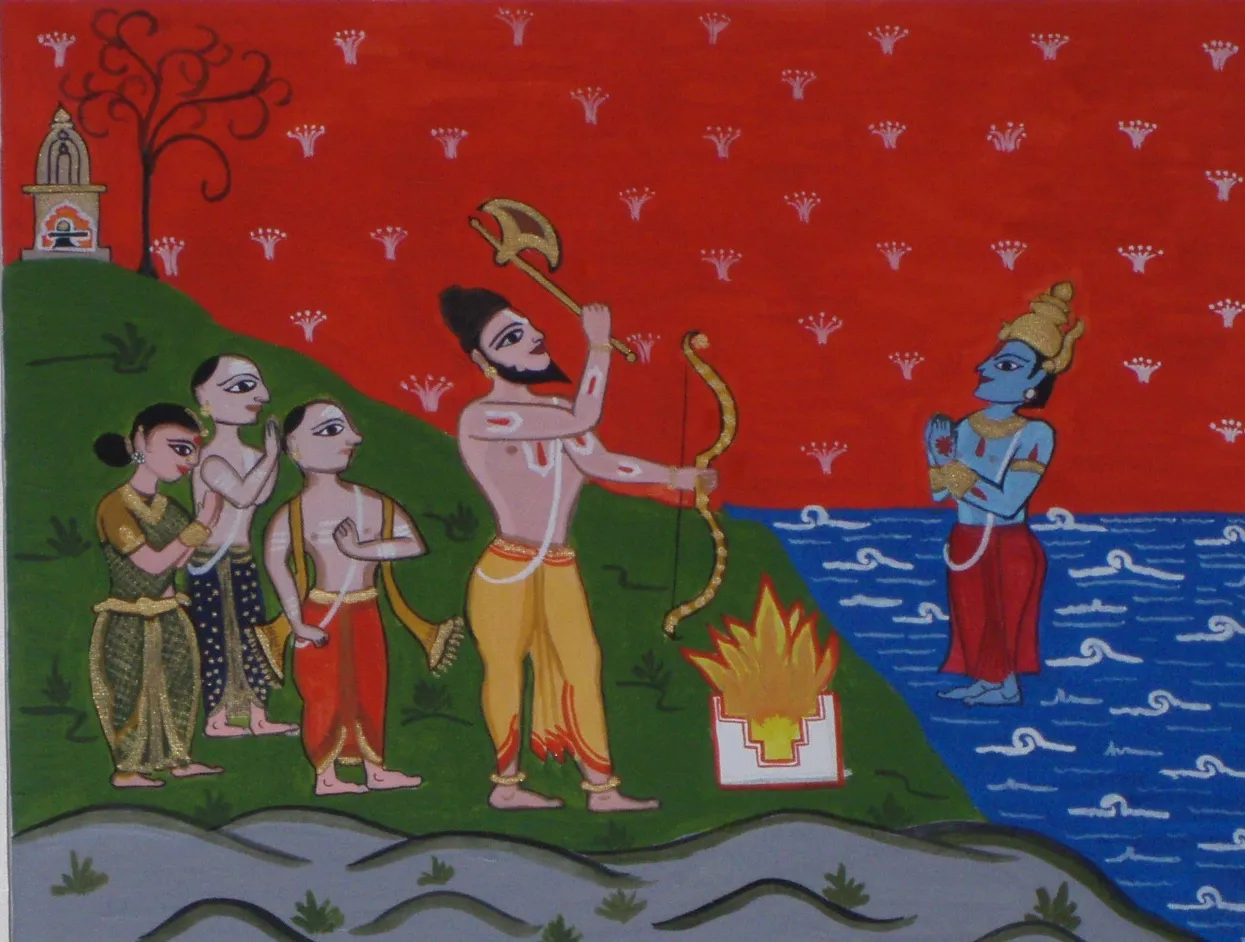 A painting of Parashurama on a green shore with his axe raised, facing the blue god Varuna standing in the sea, with Brahmins behind him